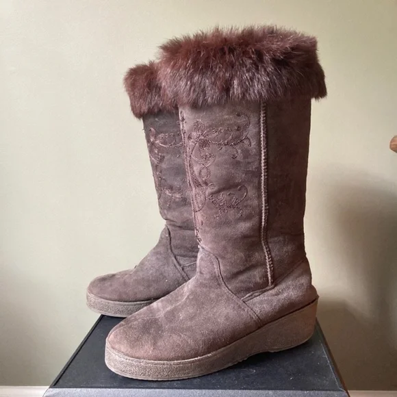 Clarks | Suede Shearling Rabbit Fur Lined Tall Wedge Winter Boots - Picture 1 of 9